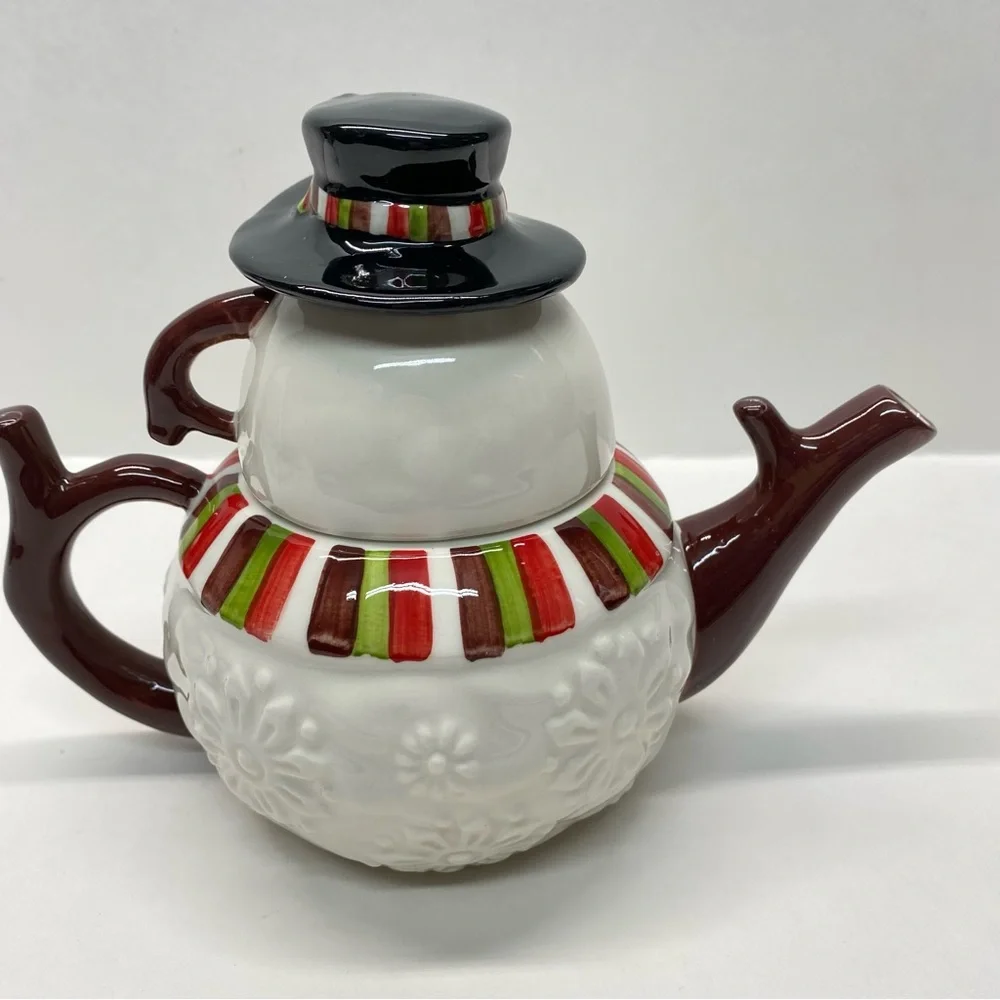 Pier 1 Imports Snowman Teapot Set w/Lid & Cup Tea for One Christmas Holiday